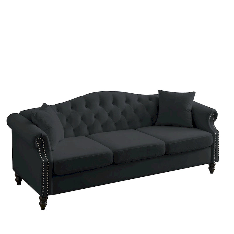 [Video] 79 Chesterfield Sofa Black Velvet for Living Room, 3 Seater Sofa Tufted Couch with Rolled Arms and Nailhead for Living