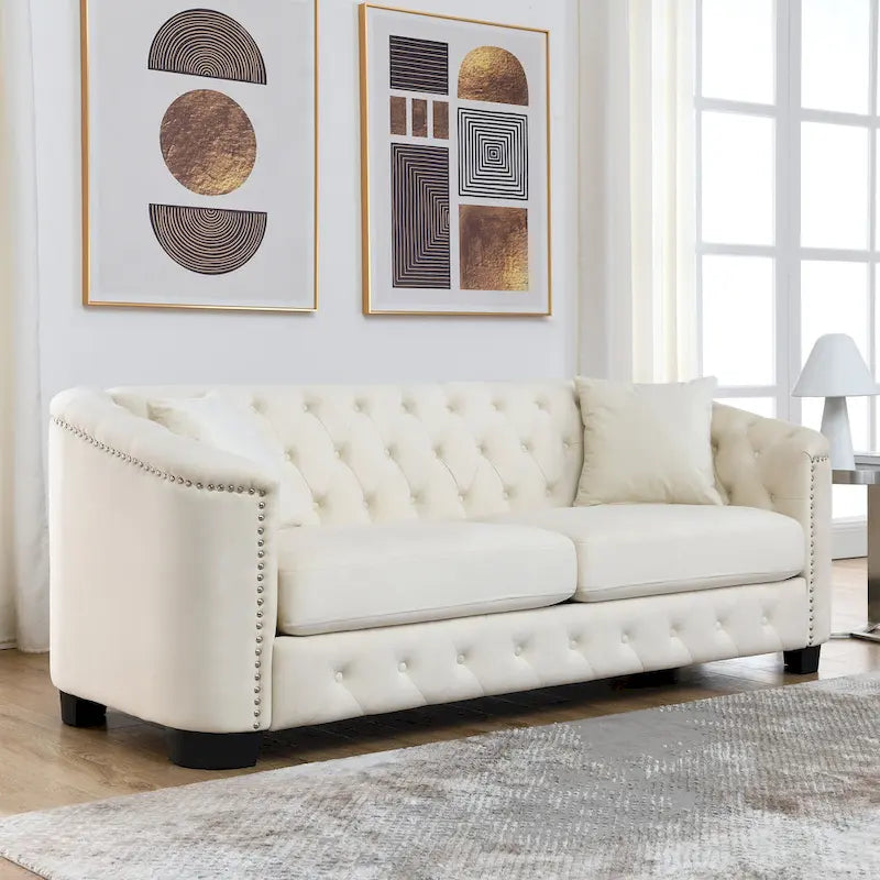 77-Inch Modern Chesterfield Velvet Sofa, 3-Seater Sofa, Upholstered Tufted Backrests with Nailhead Arms and 2 Cushions for Livin