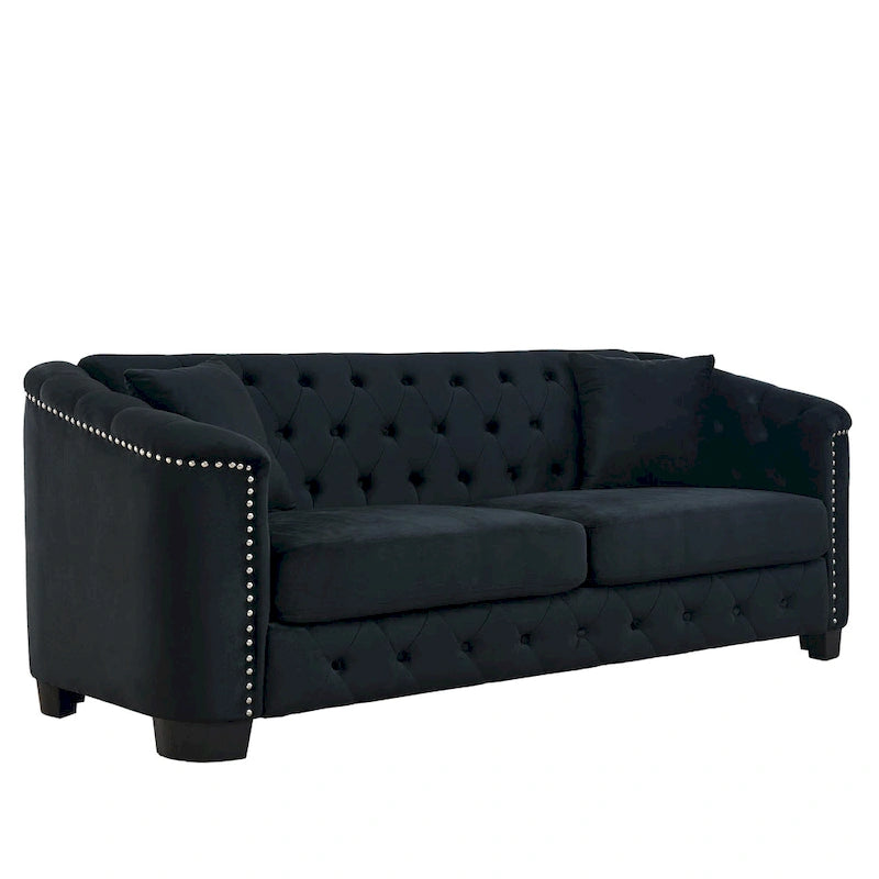 77-Inch Modern Chesterfield Velvet Sofa, 3-Seater Sofa, Upholstered Tufted Backrests with Nailhead Arms and 2 Cushions for Livin