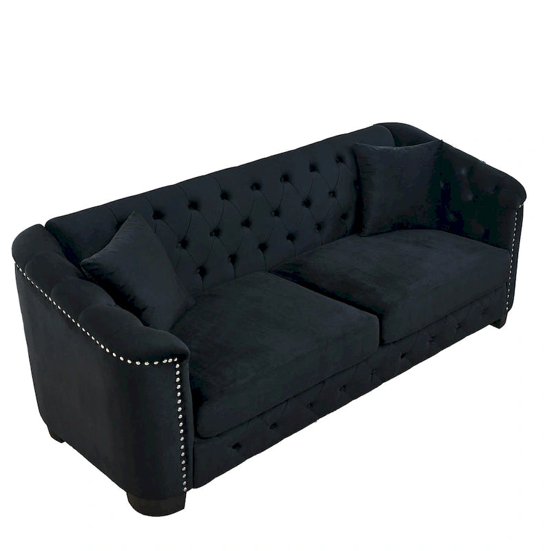 77-Inch Modern Chesterfield Velvet Sofa, 3-Seater Sofa, Upholstered Tufted Backrests with Nailhead Arms and 2 Cushions for Livin