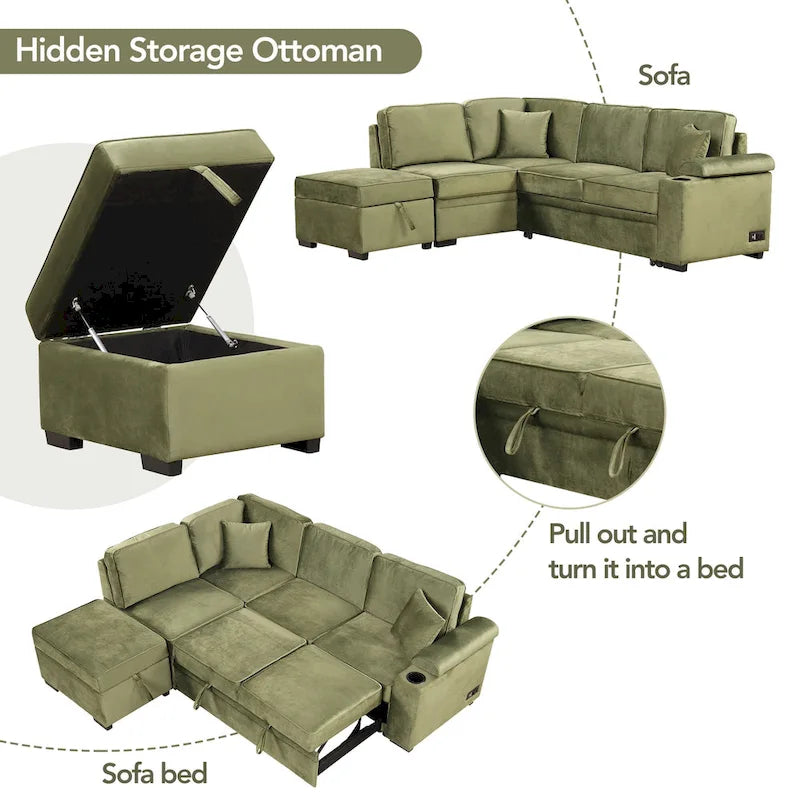 87.4 Sleeper Sofa Bed,2 in 1 Pull Out sofa bed L Shape Couch with Storage Ottoman for Living Room,Bedroom Couch and Small Apart