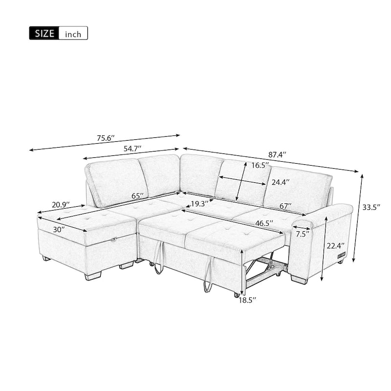 Canapé Sectionnel Convertible, Canapé d'Angle en L avec Ottoman de Rangement et Rangement Dissimulé dans l'Accoudoir et Port de Charge USB pour Salon Ap