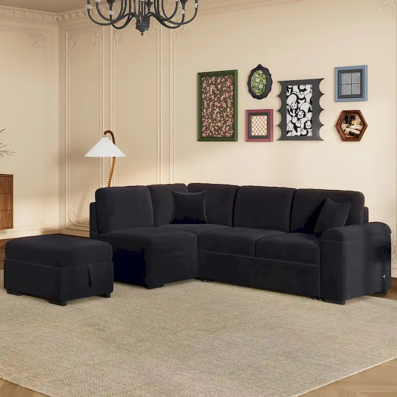 Canapé Sectionnel Convertible, Canapé d'Angle en L avec Ottoman de Rangement et Rangement Dissimulé dans l'Accoudoir et Port de Charge USB pour Salon Ap