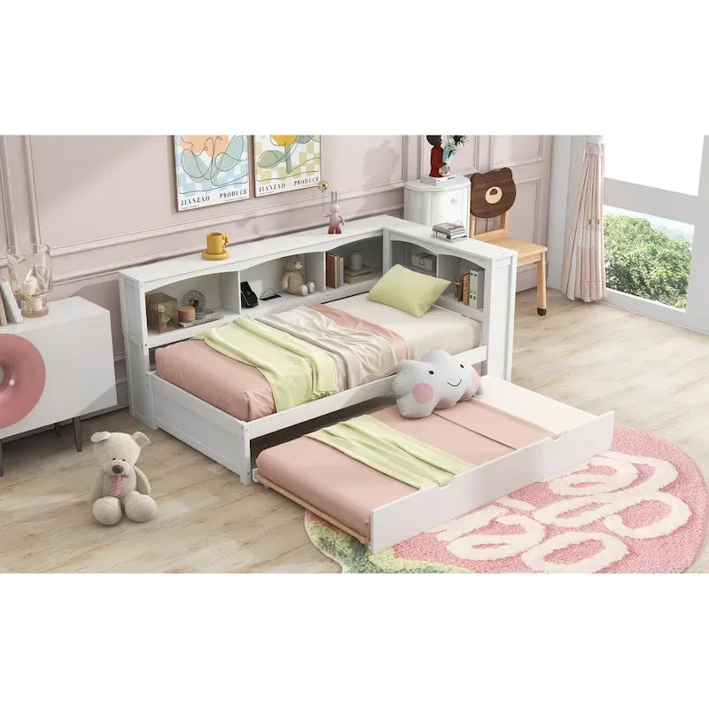 Lit de repos double avec tiroir gigogne, armoires de rangement et ports USB, blanc