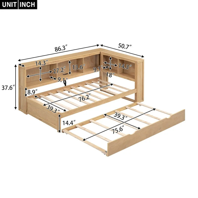 Lit de repos double avec tiroir gigogne, armoires de rangement et ports USB, blanc