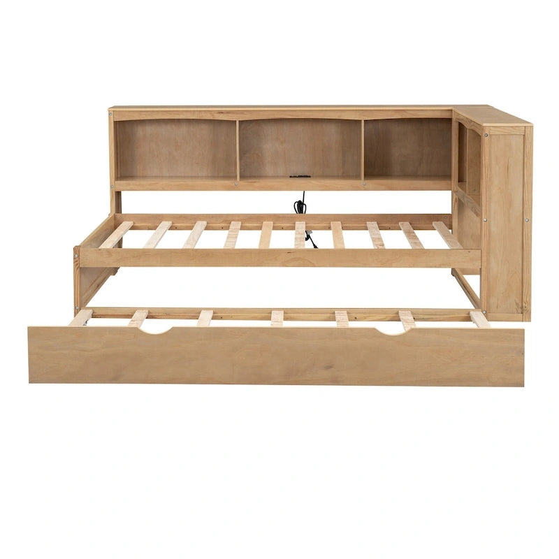 Lit de repos double avec tiroir gigogne, armoires de rangement et ports USB, blanc