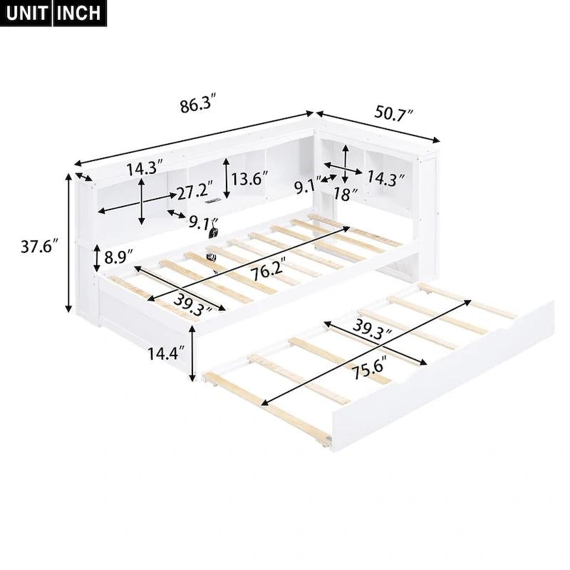 Lit de repos double avec tiroir gigogne, armoires de rangement et ports USB, blanc