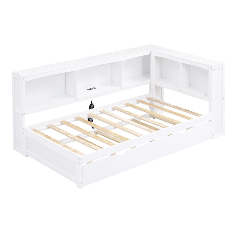 Lit de repos double avec tiroir gigogne, armoires de rangement et ports USB, blanc