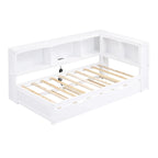 Lit de repos double avec tiroir gigogne, armoires de rangement et ports USB, blanc