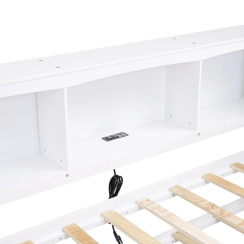 Lit de repos double avec tiroir gigogne, armoires de rangement et ports USB, blanc