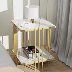2 Tier Square Side Table Marble Gold Metal Leg Accent End Coffee Desk