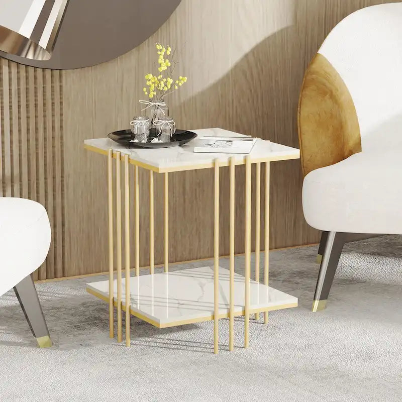 2 Tier Square Side Table Marble Gold Metal Leg Accent End Coffee Desk