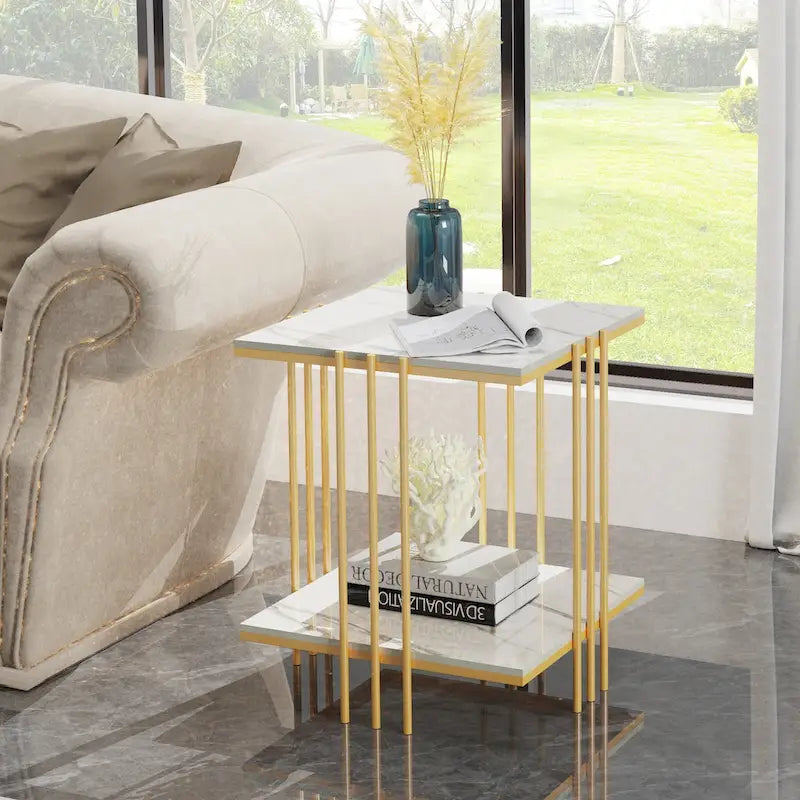 2 Tier Square Side Table Marble Gold Metal Leg Accent End Coffee Desk