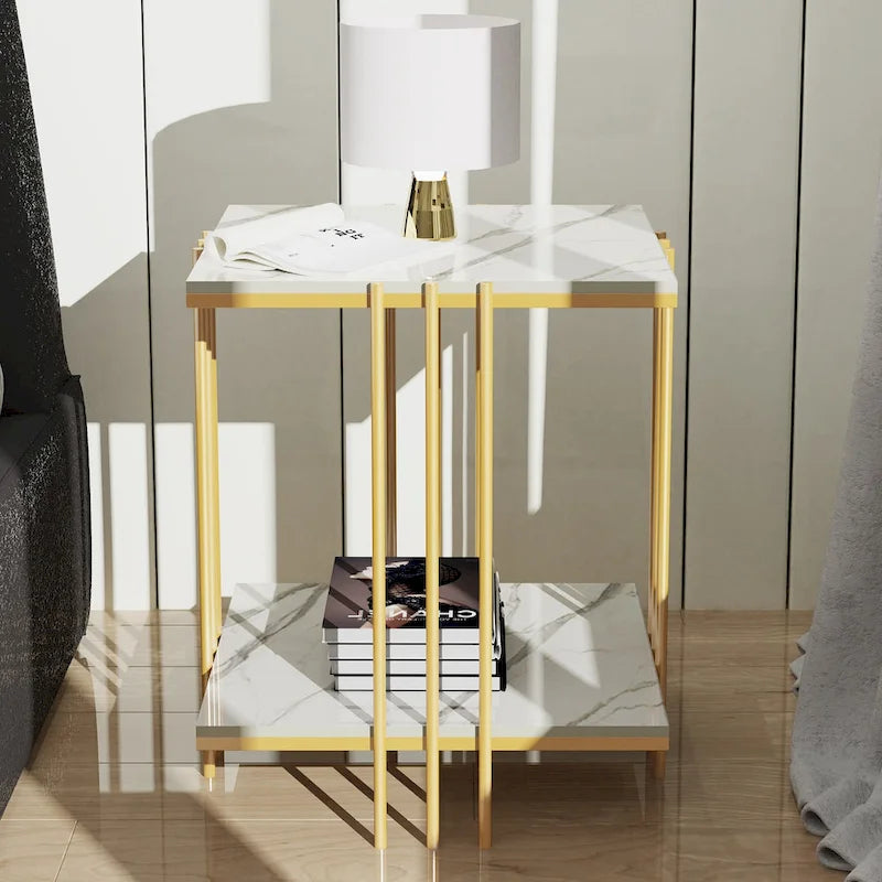 2 Tier Square Side Table Marble Gold Metal Leg Accent End Coffee Desk
