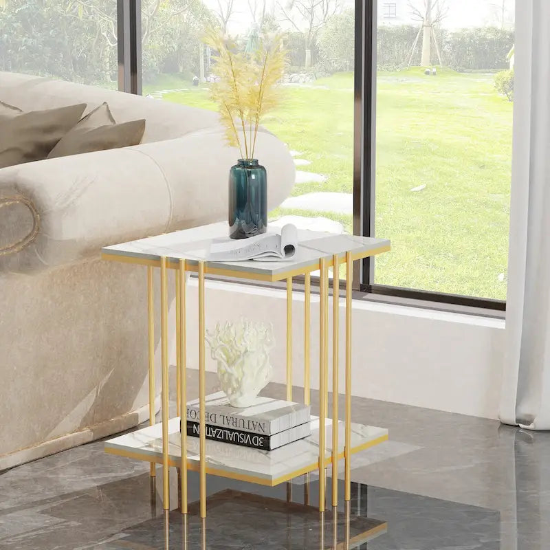 2 Tier Square Side Table Marble Gold Metal Leg Accent End Coffee Desk