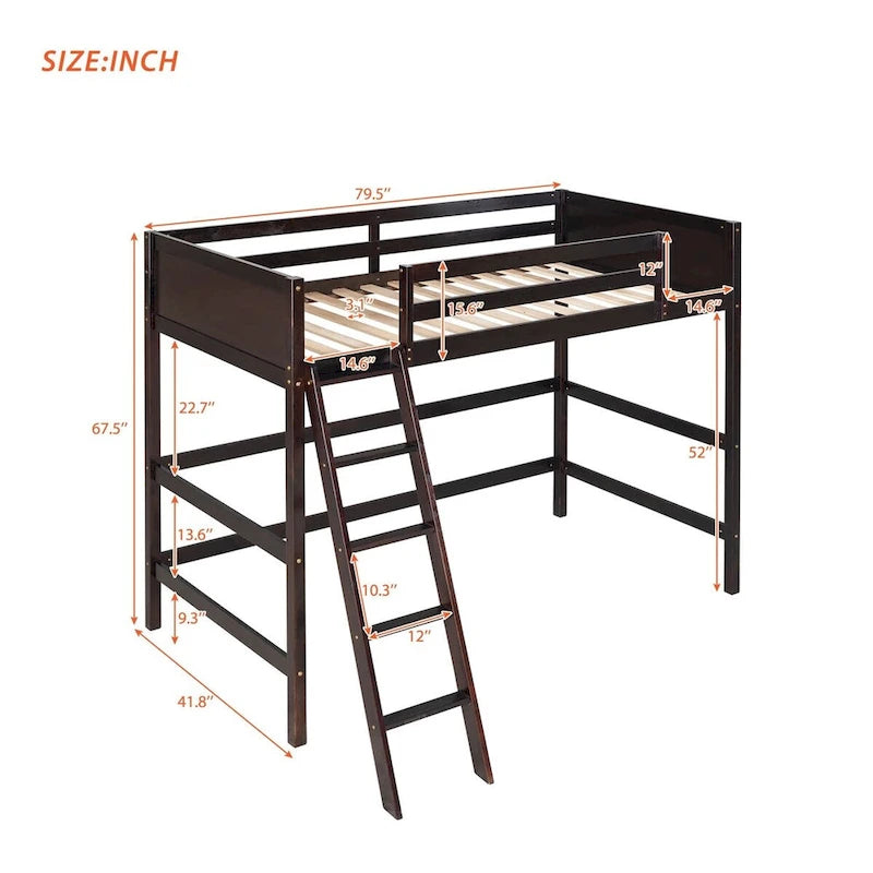 Lit mezzanine simple en bois massif Merax avec échelle