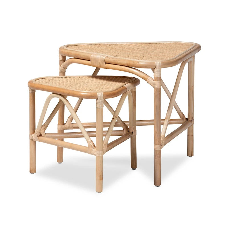 Lot de 2 tables d'appoint Jayden en rotin de couleur marron naturel