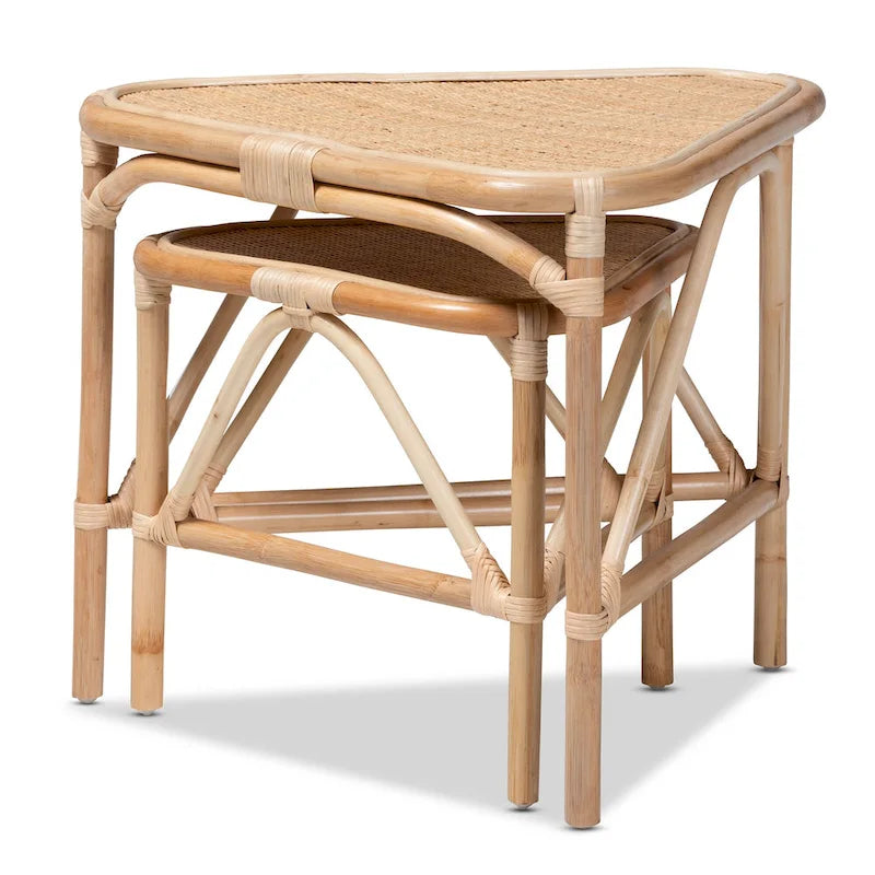 Lot de 2 tables d'appoint Jayden en rotin de couleur marron naturel