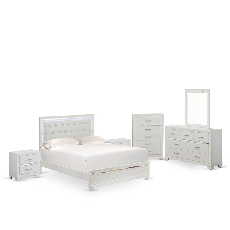 Ensemble de chambre queen Pandora en bois de East West Furniture avec un lit queen Cadres de finition blanche (Option de pièces)