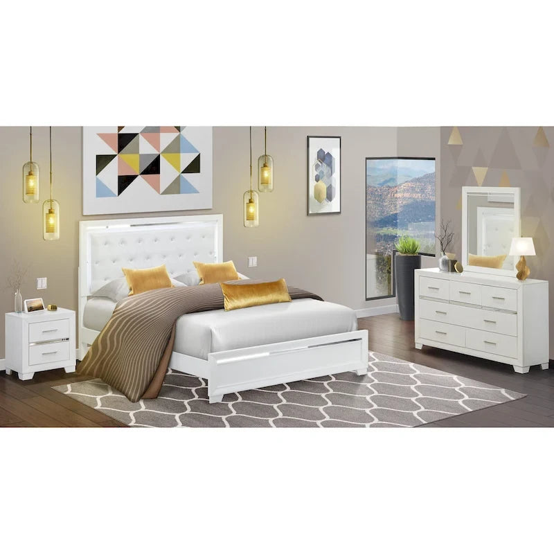 Ensemble de chambre queen Pandora en bois de East West Furniture avec un lit queen Cadres de finition blanche (Option de pièces)