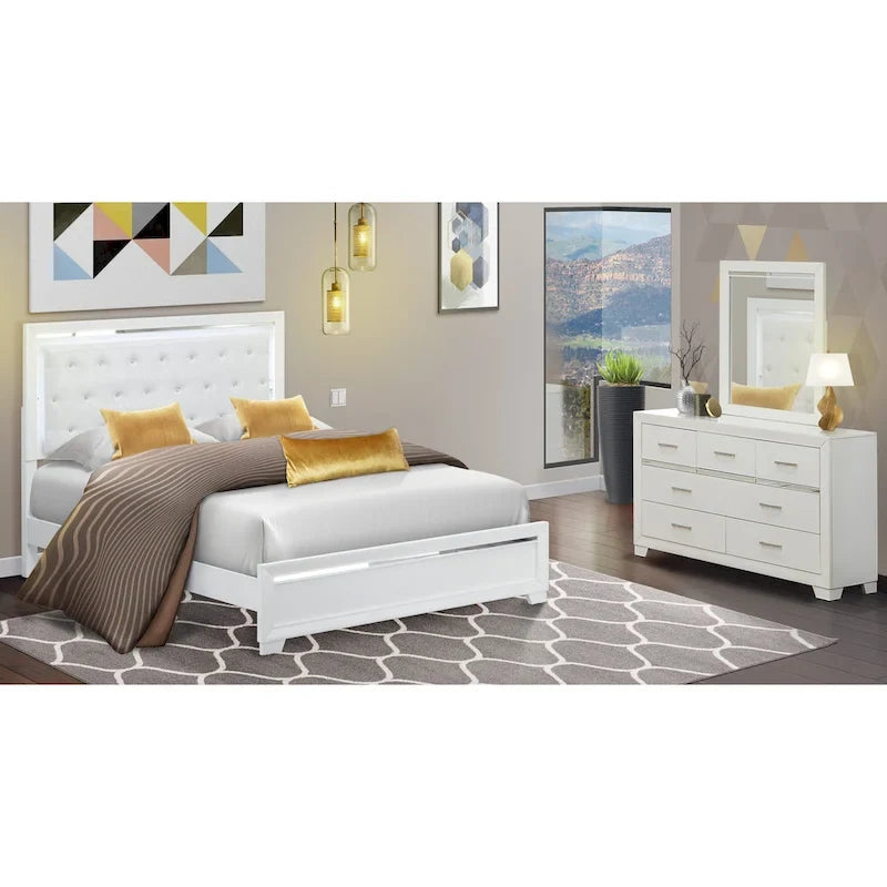 Ensemble de chambre queen Pandora en bois de East West Furniture avec un lit queen Cadres de finition blanche (Option de pièces)