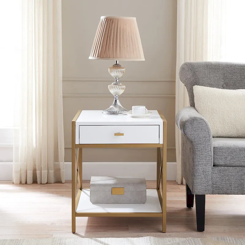  Claudette Mixed Metal and Wood Drawer End Table