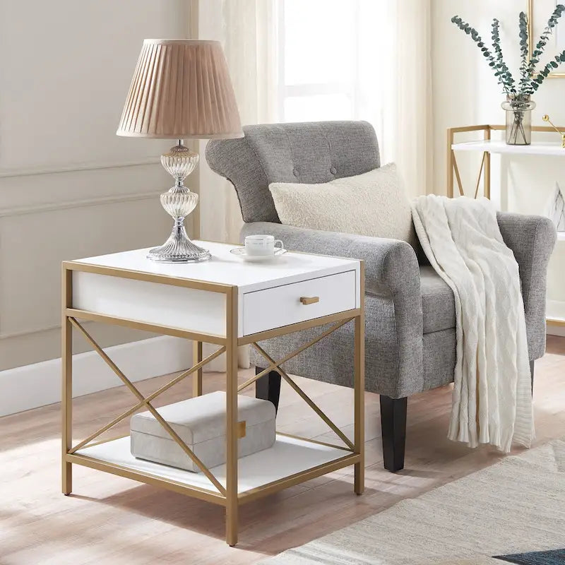 Table d'appoint Claudette en bois et métal mixtes avec tiroir