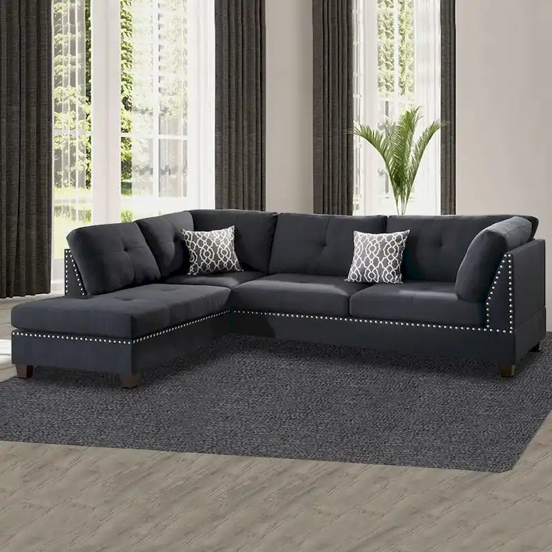 Ensemble de canapé d'angle 3 pièces en polyfibre avec pouf, couleur noire