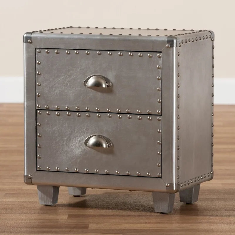 Table d'appoint à 2 tiroirs en métal argenté de style industriel français Baxton Studio Davet