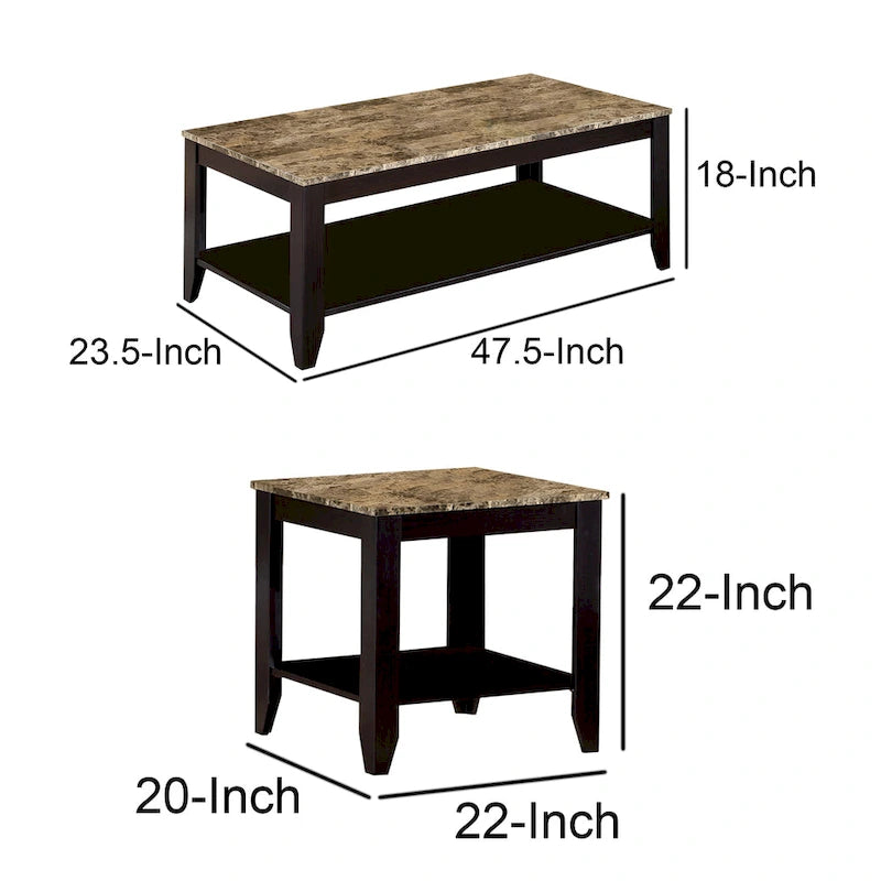 Ensemble de 3 tables d'appoint artistiques avec plateau en marbre, marron