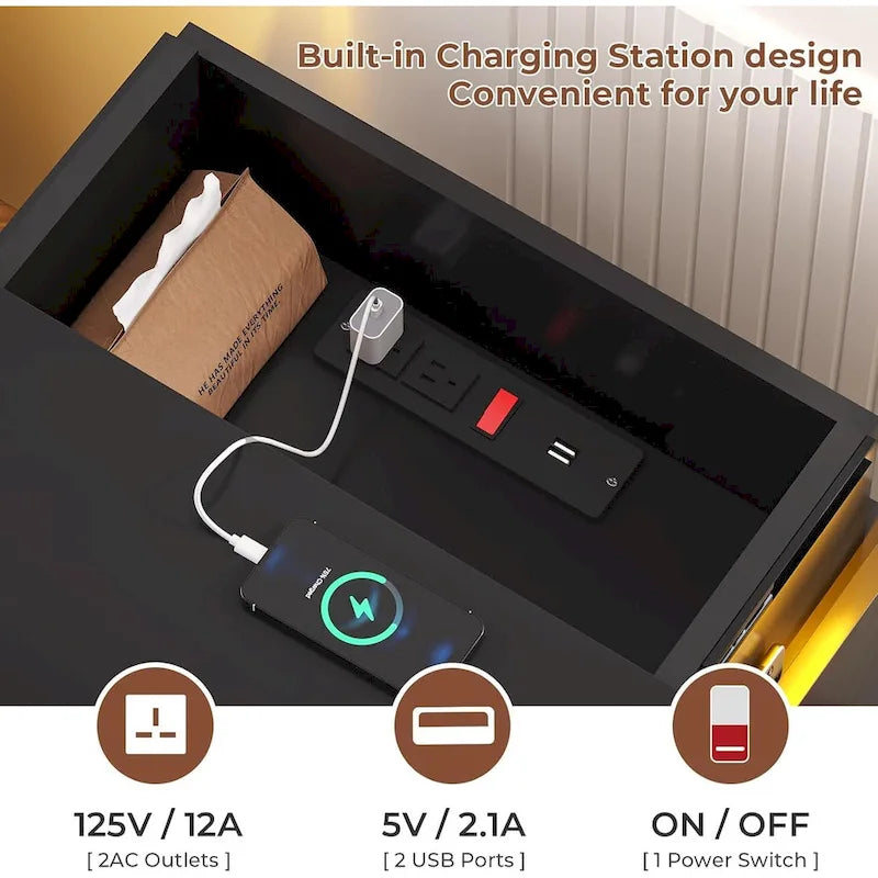 Table de chevet avec station de recharge et lumières LED, plateau coulissant