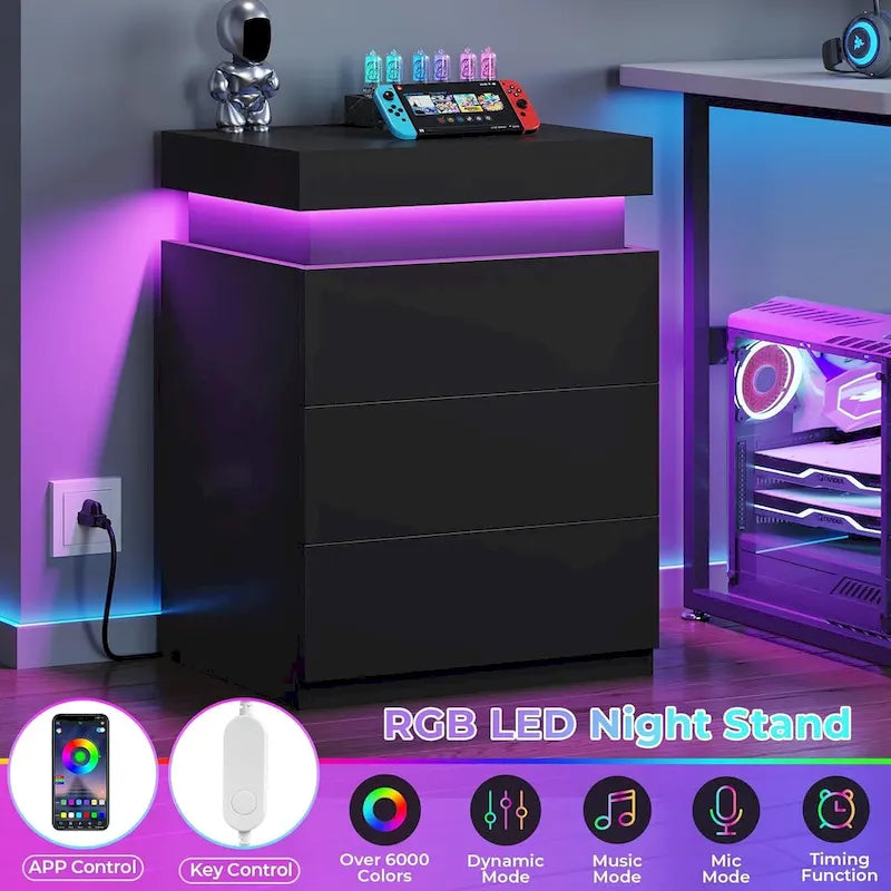 Table de chevet avec station de recharge et lumières LED, plateau coulissant