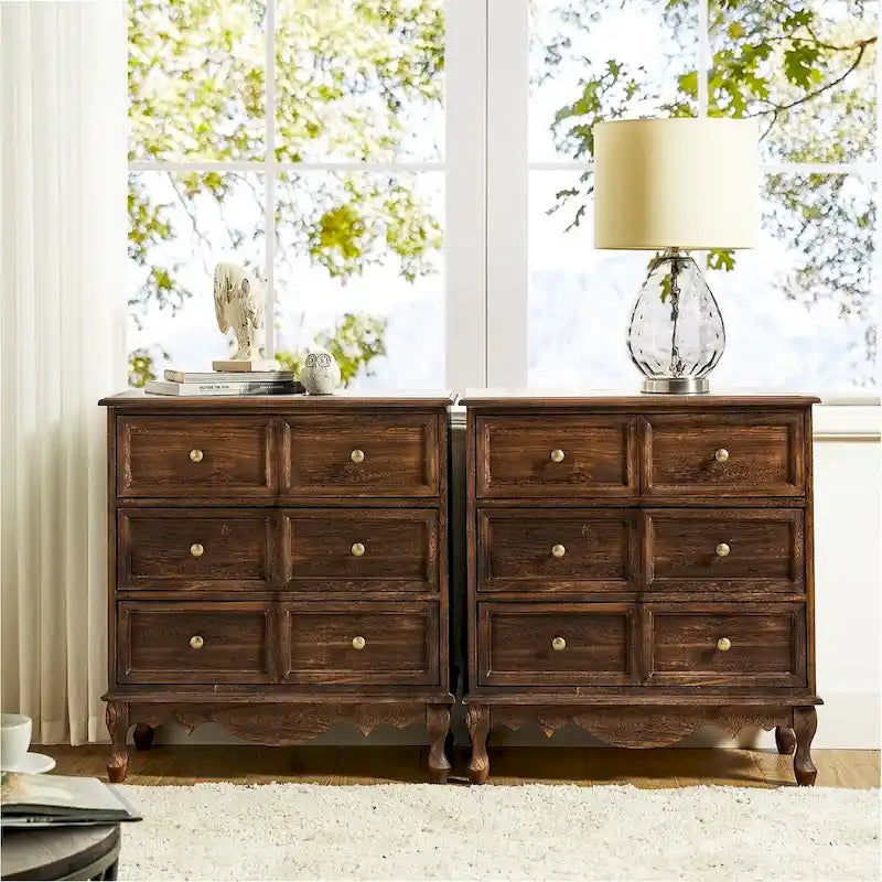Table de chevet Pallantium Farmhouse 30 po de hauteur, effet vieilli, 3 tiroirs, pieds en bois massif et pieds réglables, lot de 2, par HULALA HOME
