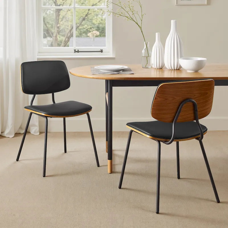 Set of 2 Mid-century PU Leather Bentwood Dining Chairs