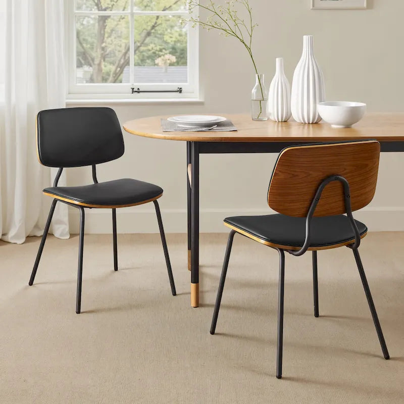 Set of 2 Mid-century PU Leather Bentwood Dining Chairs