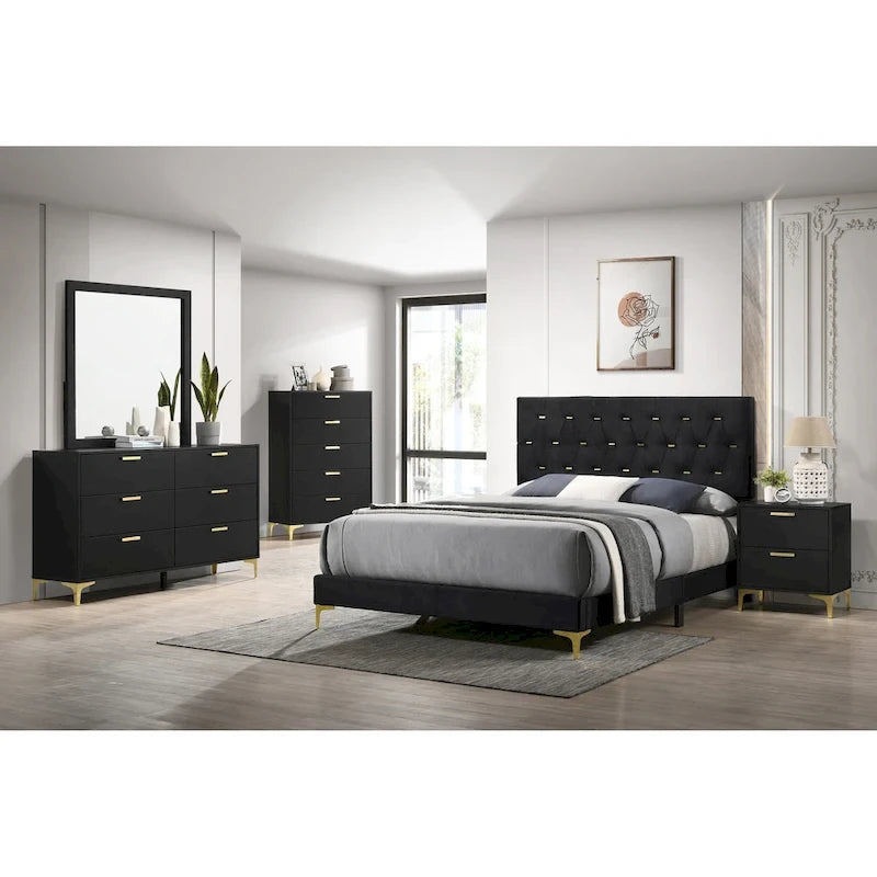 Ensemble de chambre à coucher Lexie capitonné 4 pièces noir et or