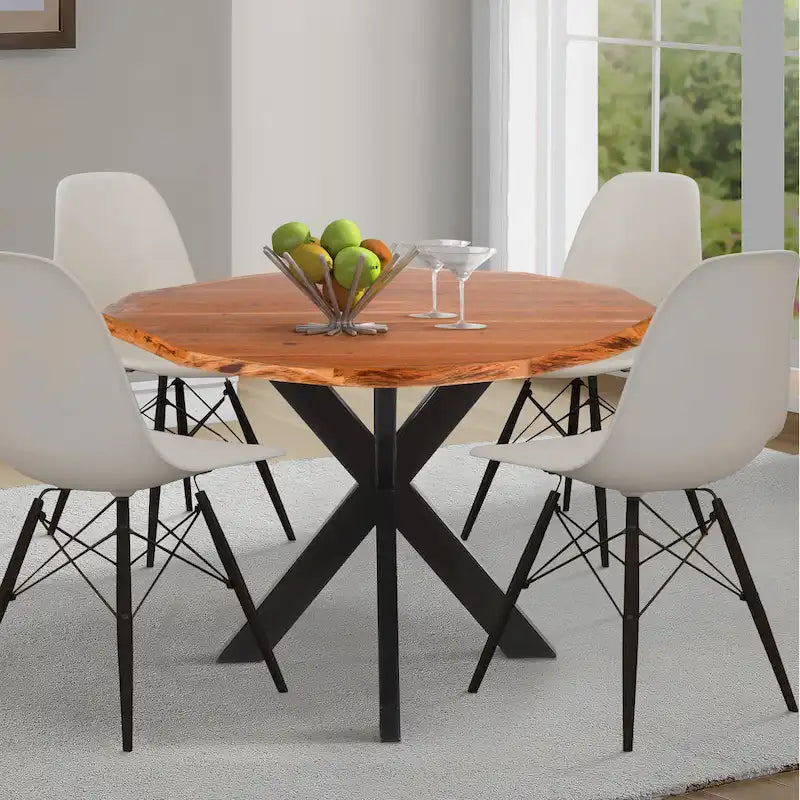 Table à manger ronde Kuri 41 pouces fabriquée à la main avec plateau en bois d'acacia brun naturel et pieds en fer noir