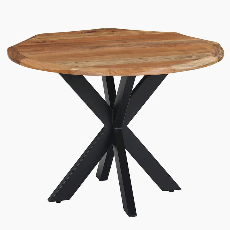 Table à manger ronde Kuri 41 pouces fabriquée à la main avec plateau en bois d'acacia brun naturel et pieds en fer noir