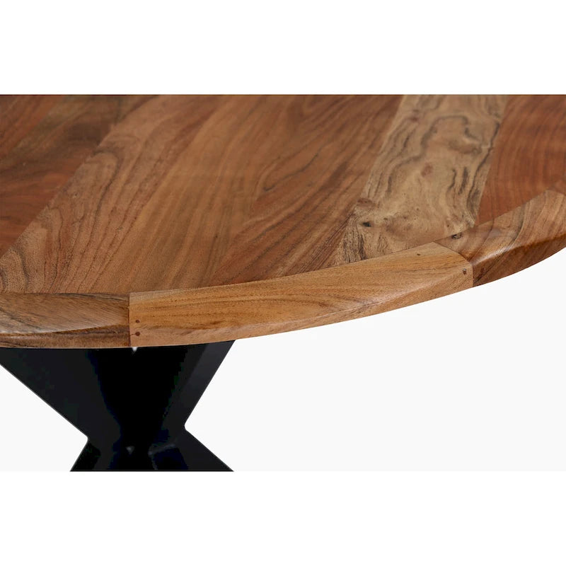 Table à manger ronde Kuri 41 pouces fabriquée à la main avec plateau en bois d'acacia brun naturel et pieds en fer noir