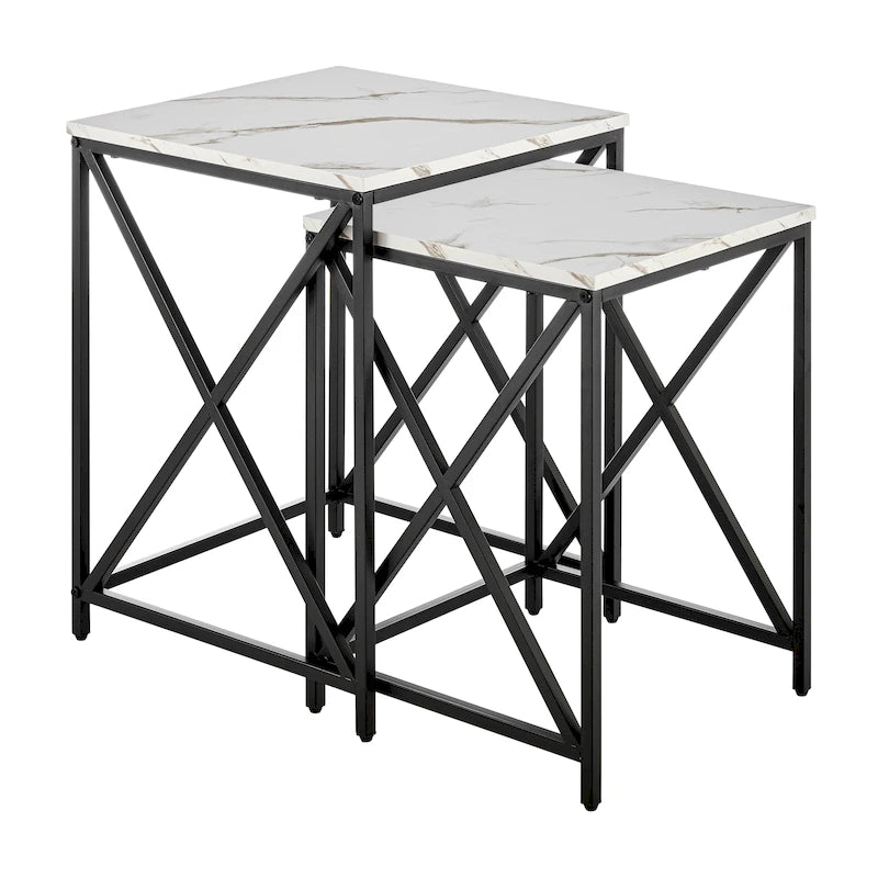 Tables d'appoint gigognes modernes à plateau en placage effet marbre et structure en métal noir - Lot de 2