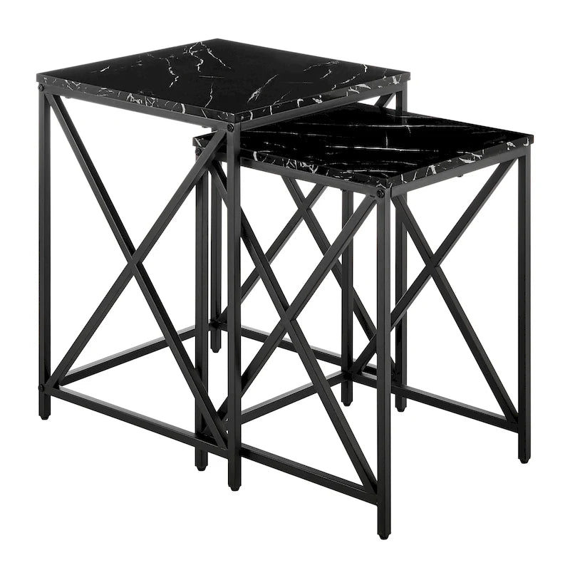 Tables d'appoint gigognes modernes à plateau en placage effet marbre et structure en métal noir - Lot de 2