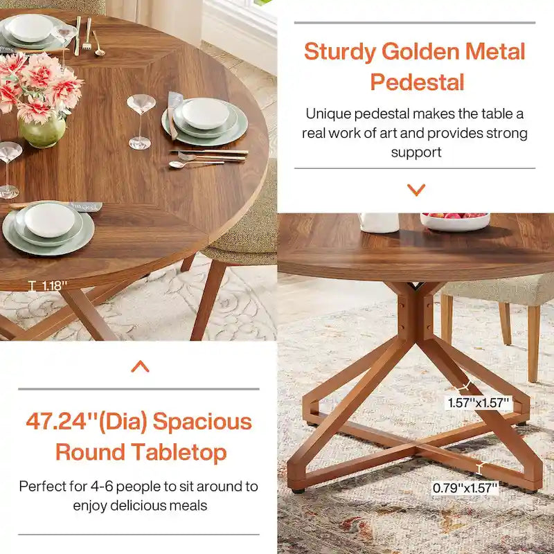 Table à manger ronde de 120 cm avec pied central en métal pour 4 à 6 personnes