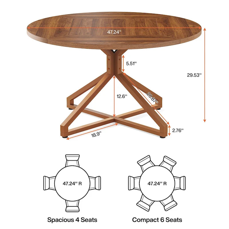 Table à manger ronde de 120 cm avec pied central en métal pour 4 à 6 personnes