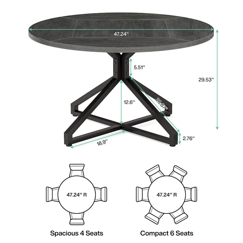 Table à manger ronde de 120 cm avec pied central en métal pour 4 à 6 personnes