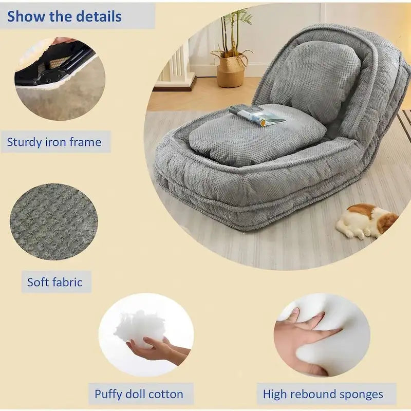 Chaise longue convertible, Canapé paresseux de sol, Lit de canapé rembourré pliant avec dossier réglable