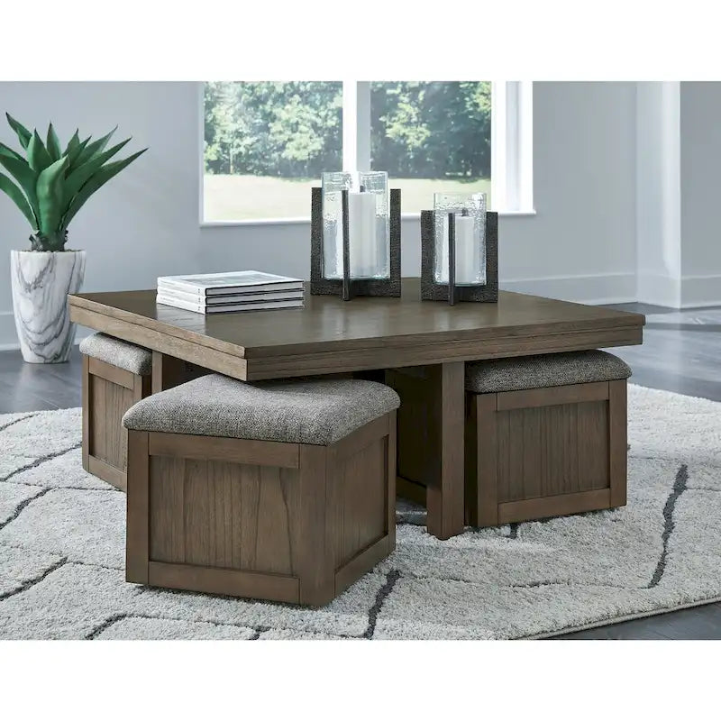 Table basse Signature Design by Ashley Boardernest marron avec 4 tabourets - 40 larg. x 40 prof. x 18 haut.