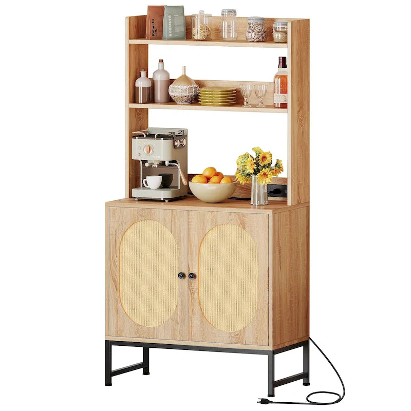 Armoire à 2 portes en rotin Moasis avec étagère de boulanger, prises électriques et ports USB