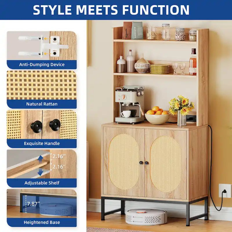 Armoire à 2 portes en rotin Moasis avec étagère de boulanger, prises électriques et ports USB