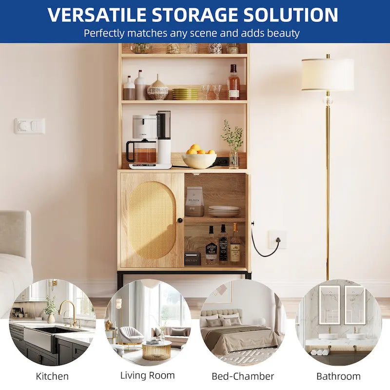 Armoire à 2 portes en rotin Moasis avec étagère de boulanger, prises électriques et ports USB