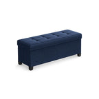 Ottoman de rangement rembourré en tissu de 109 cm de large avec pieds en bois et couvercle capitonné